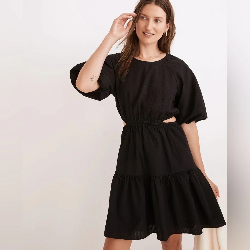 Madewell Seersucker Puff-Sleeve Cutout Dress Black Ruffle Hem A Line Size XL.